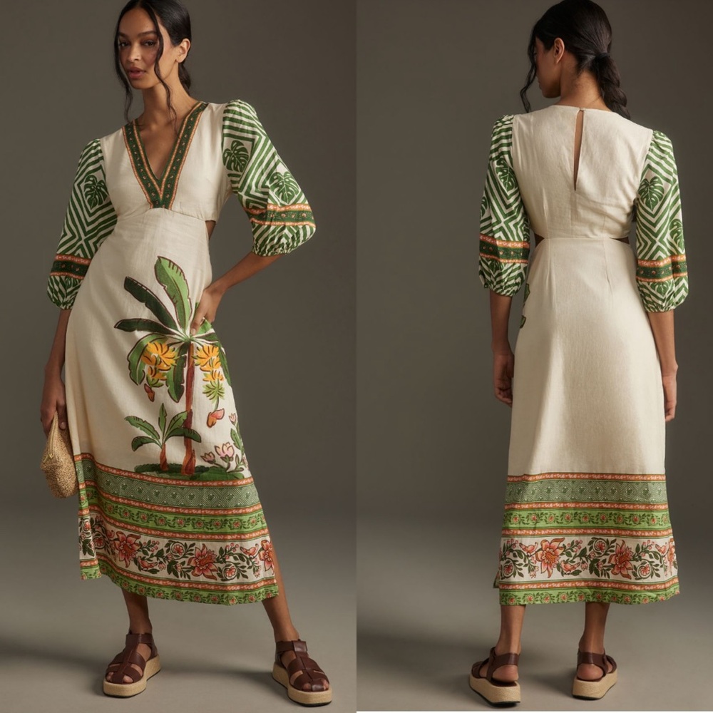 NWT FARM Rio Farm Rio Linen blend  Palm V-Neck
Midi Dress size L